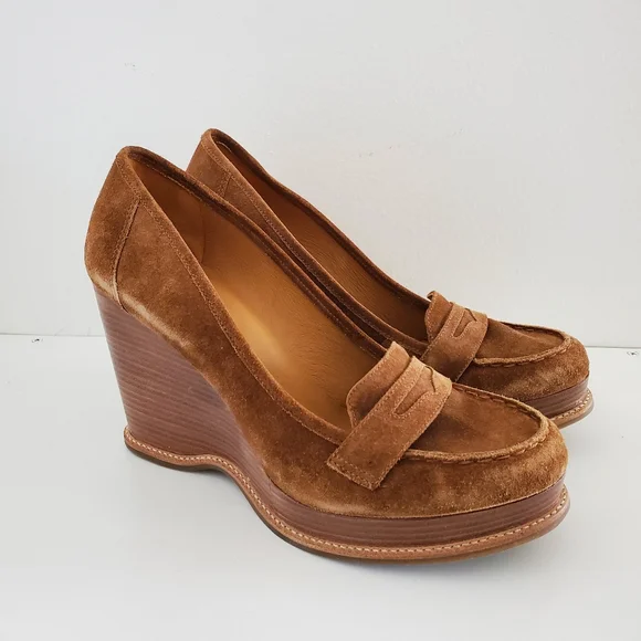 Michael Kors leather loafer wedges in luggage suede 10m - Picture 2 of 9